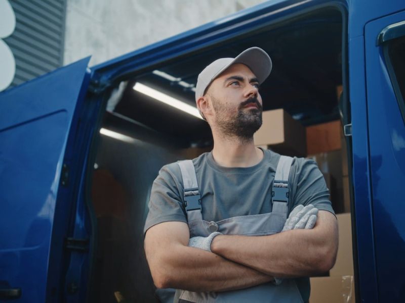 momak koji se bavi selidbom stoji ispred otvorenog kombija 