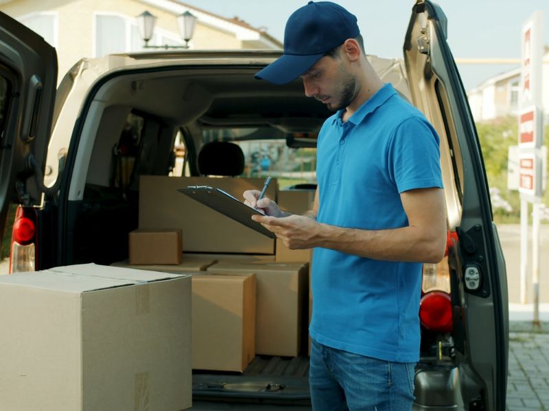 momak koji se bavi selidbama stoji ispred punog kombija sa kutijama i zapisuje na papire nešto